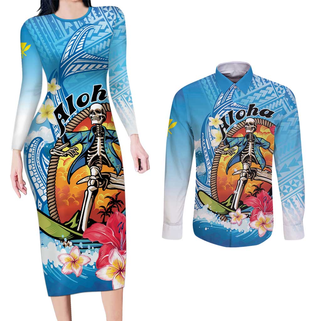 Personalized Aloha Hawaii Skeleton Surfing Couples Matching Long Sleeve Bodycon Dress and Long Sleeve Button Shirt Tribal Shark Plumeria LT01 Blue - Polynesian Pride