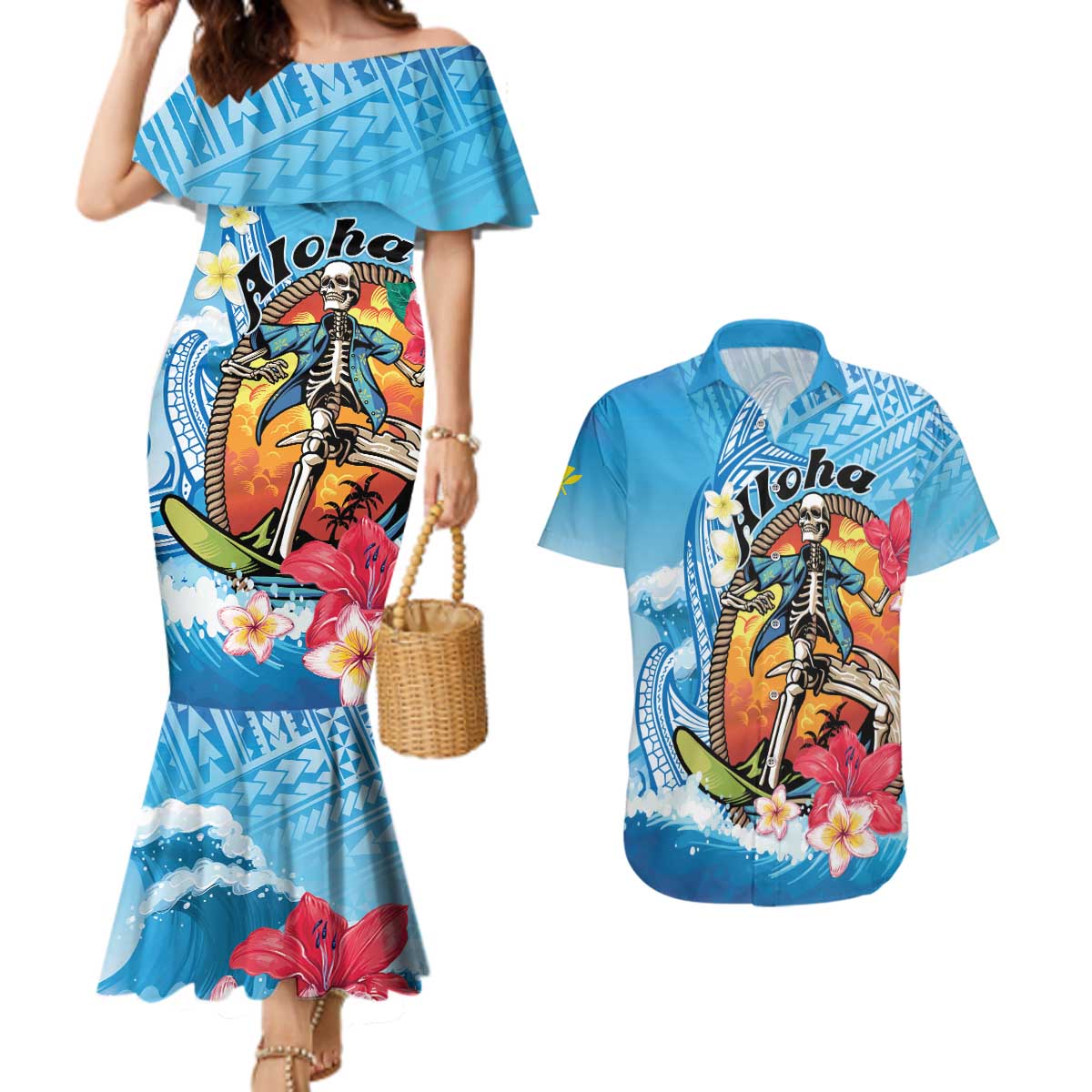 Personalized Aloha Hawaii Skeleton Surfing Couples Matching Mermaid Dress and Hawaiian Shirt Tribal Shark Plumeria LT01 Blue - Polynesian Pride