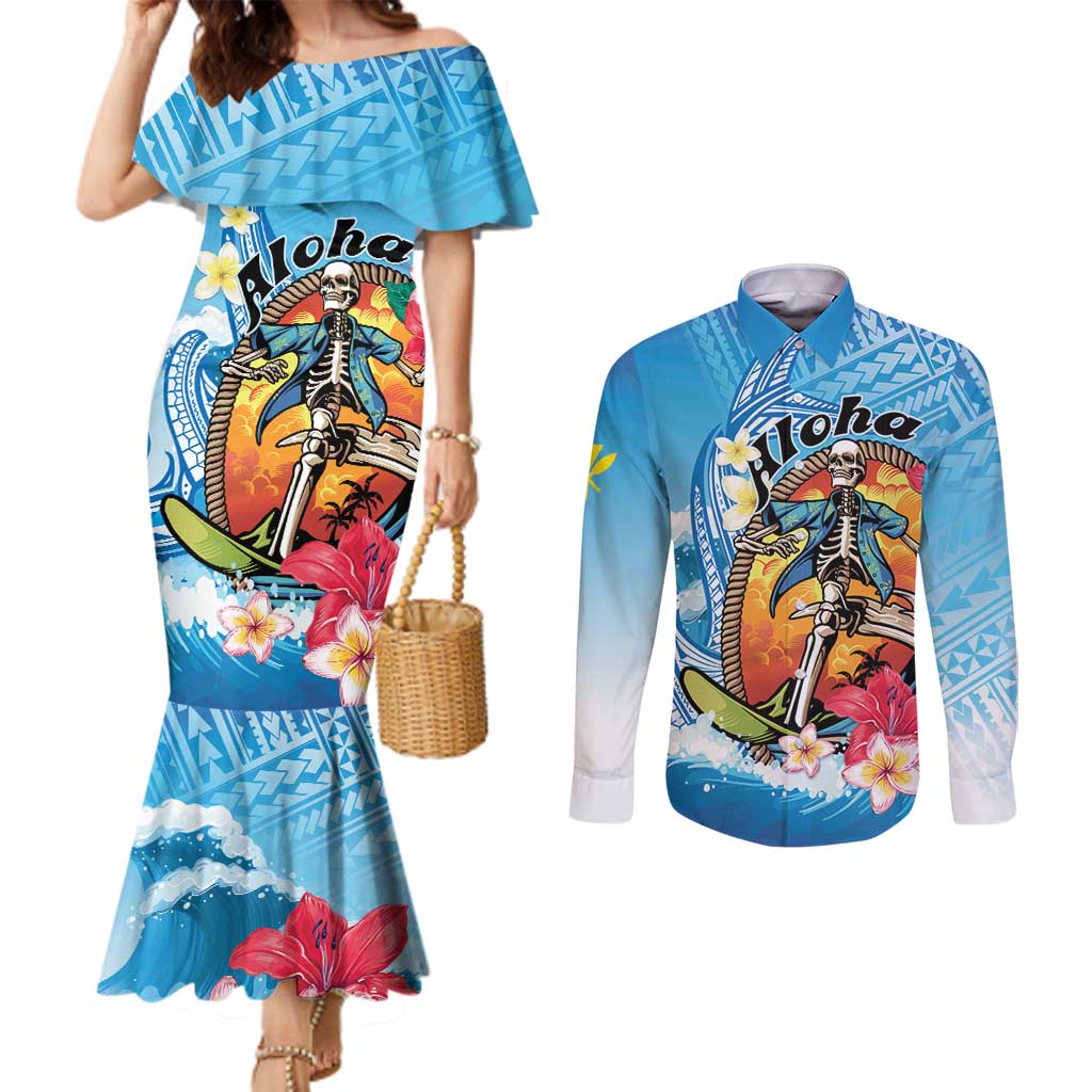 Personalized Aloha Hawaii Skeleton Surfing Couples Matching Mermaid Dress and Long Sleeve Button Shirt Tribal Shark Plumeria LT01 Blue - Polynesian Pride