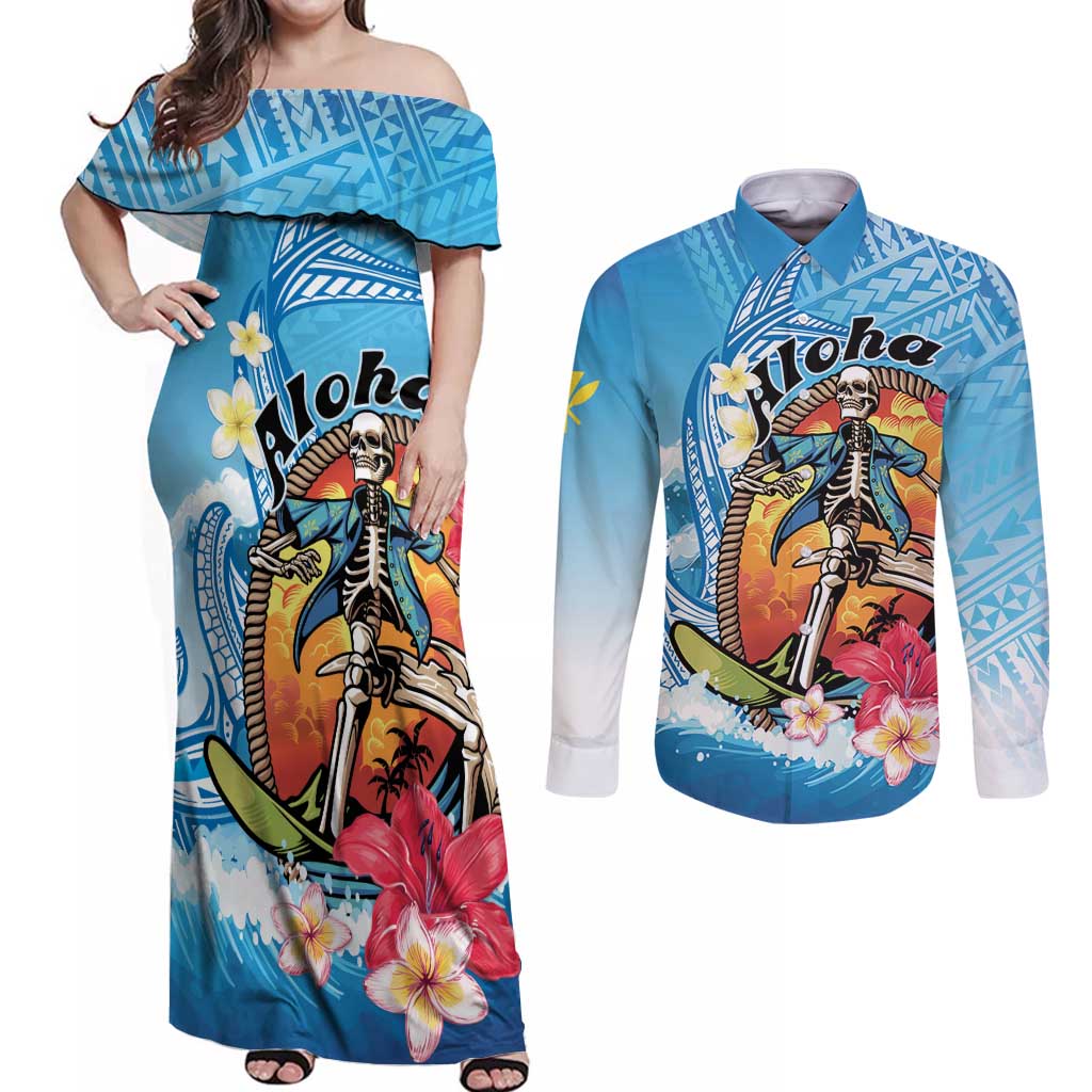 Personalized Aloha Hawaii Skeleton Surfing Couples Matching Off Shoulder Maxi Dress and Long Sleeve Button Shirt Tribal Shark Plumeria LT01 Blue - Polynesian Pride