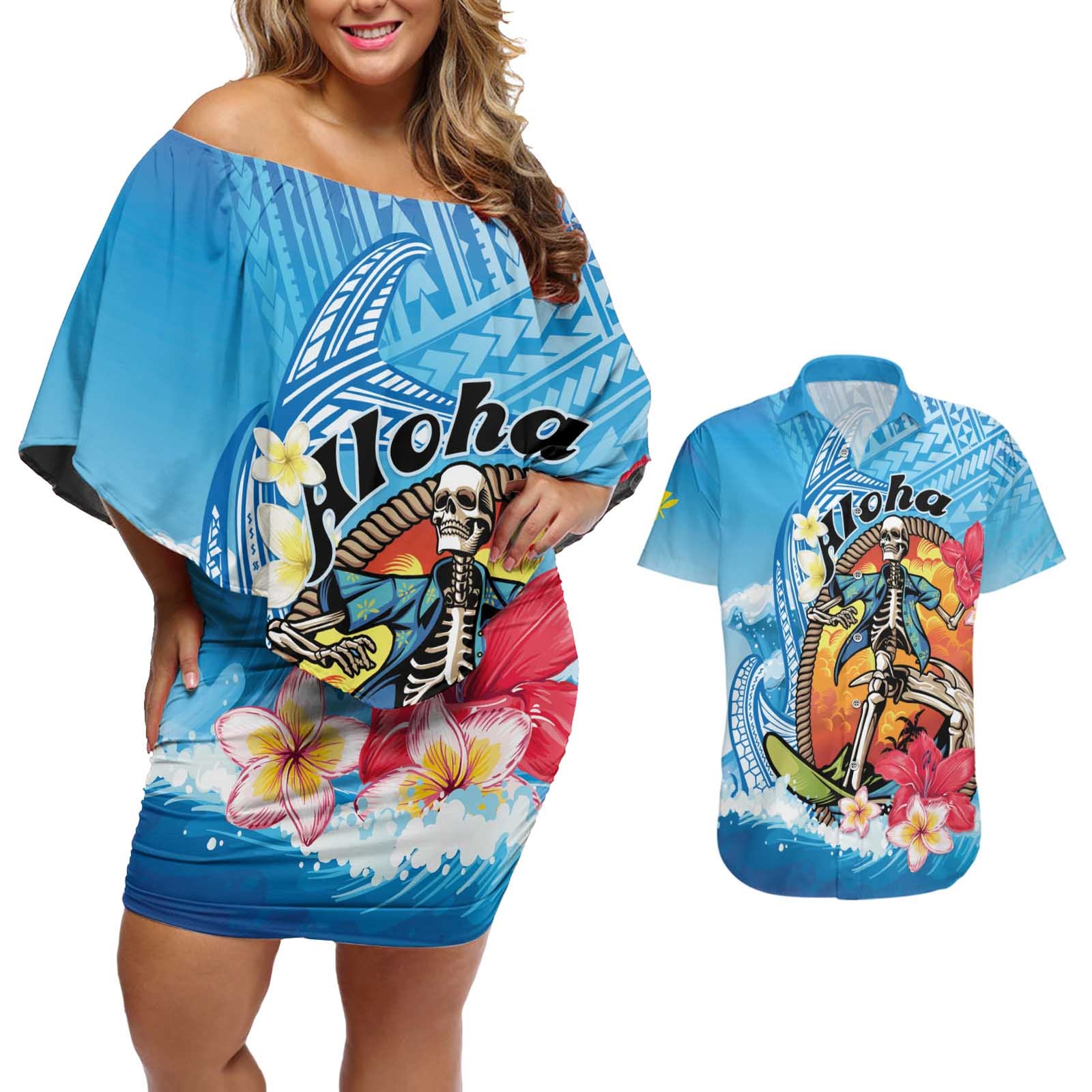 Personalized Aloha Hawaii Skeleton Surfing Couples Matching Off Shoulder Short Dress and Hawaiian Shirt Tribal Shark Plumeria LT01 Blue - Polynesian Pride