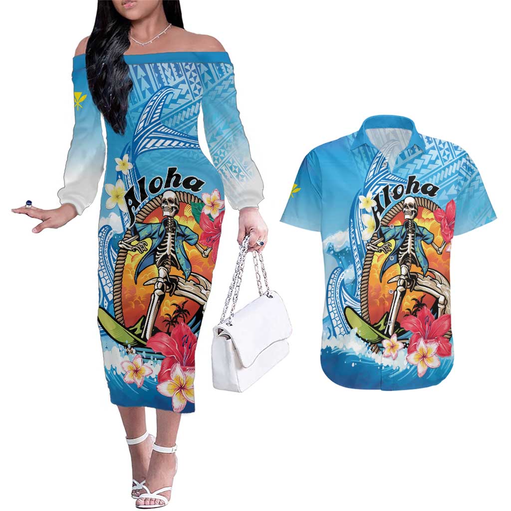 Personalized Aloha Hawaii Skeleton Surfing Couples Matching Off The Shoulder Long Sleeve Dress and Hawaiian Shirt Tribal Shark Plumeria LT01 Blue - Polynesian Pride