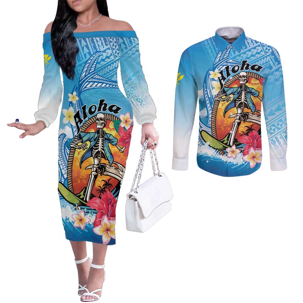 Personalized Aloha Hawaii Skeleton Surfing Couples Matching Off The Shoulder Long Sleeve Dress and Long Sleeve Button Shirt Tribal Shark Plumeria LT01 Blue - Polynesian Pride
