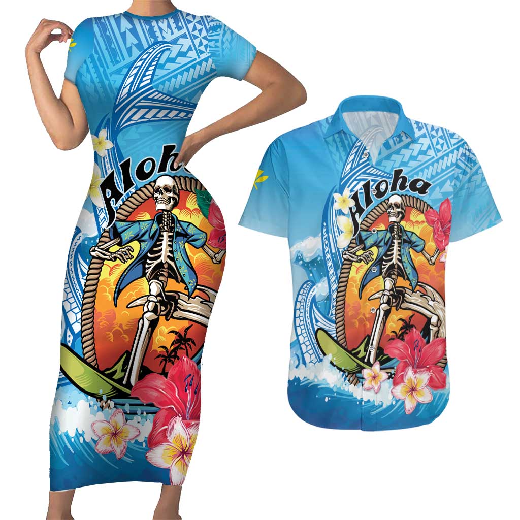 Personalized Aloha Hawaii Skeleton Surfing Couples Matching Short Sleeve Bodycon Dress and Hawaiian Shirt Tribal Shark Plumeria LT01 Blue - Polynesian Pride
