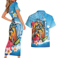 Personalized Aloha Hawaii Skeleton Surfing Couples Matching Short Sleeve Bodycon Dress and Hawaiian Shirt Tribal Shark Plumeria LT01 - Polynesian Pride