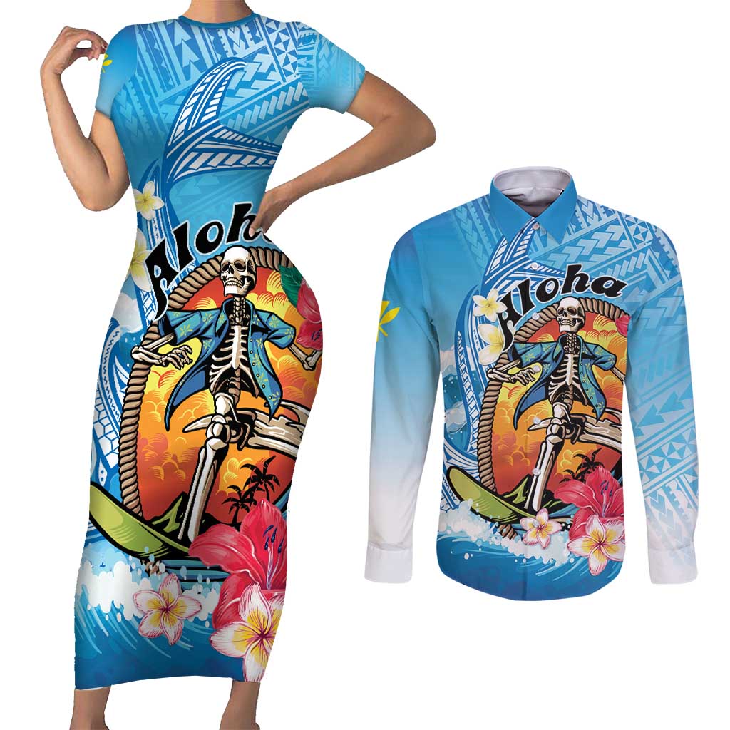 Personalized Aloha Hawaii Skeleton Surfing Couples Matching Short Sleeve Bodycon Dress and Long Sleeve Button Shirt Tribal Shark Plumeria LT01 Blue - Polynesian Pride
