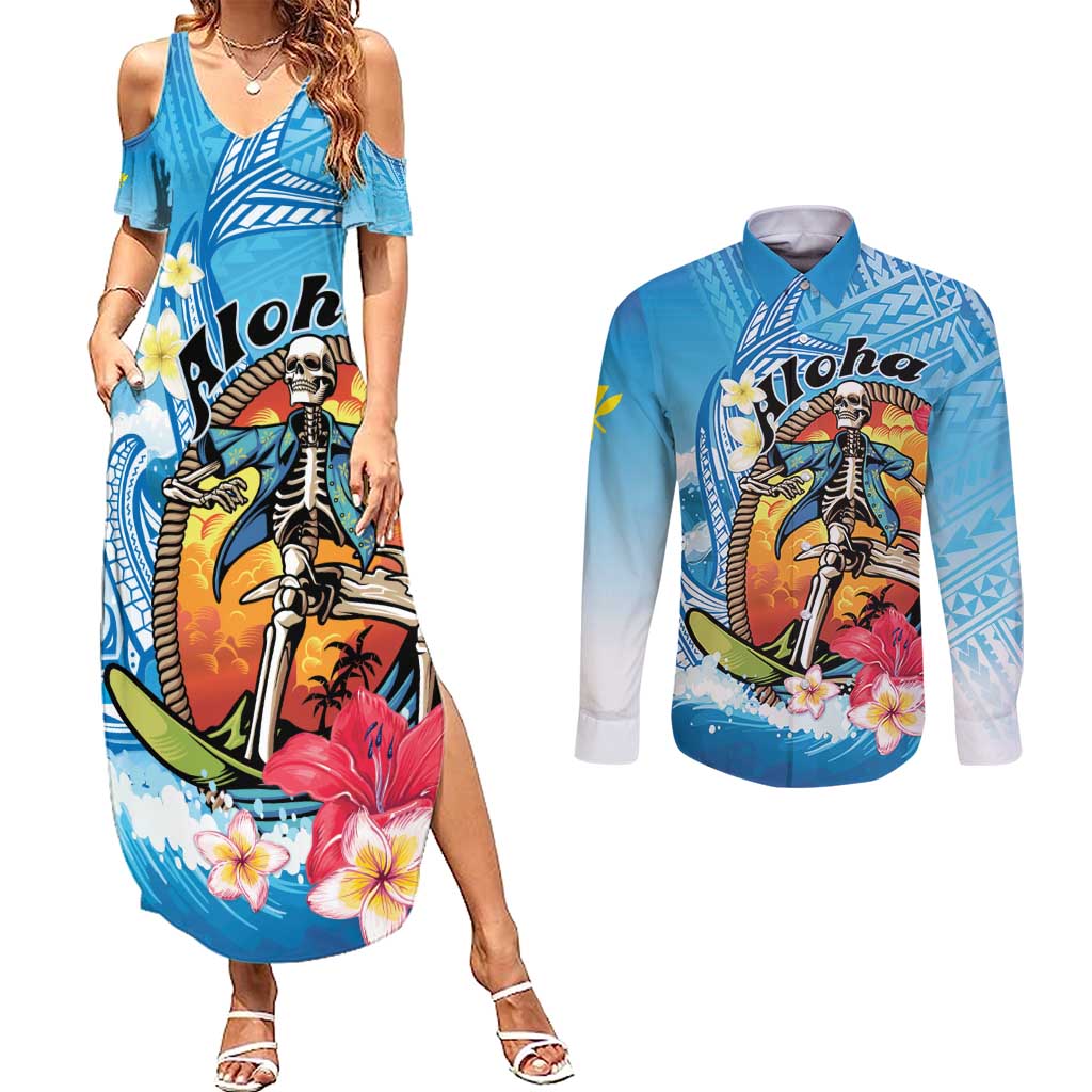 Personalized Aloha Hawaii Skeleton Surfing Couples Matching Summer Maxi Dress and Long Sleeve Button Shirt Tribal Shark Plumeria LT01 Blue - Polynesian Pride
