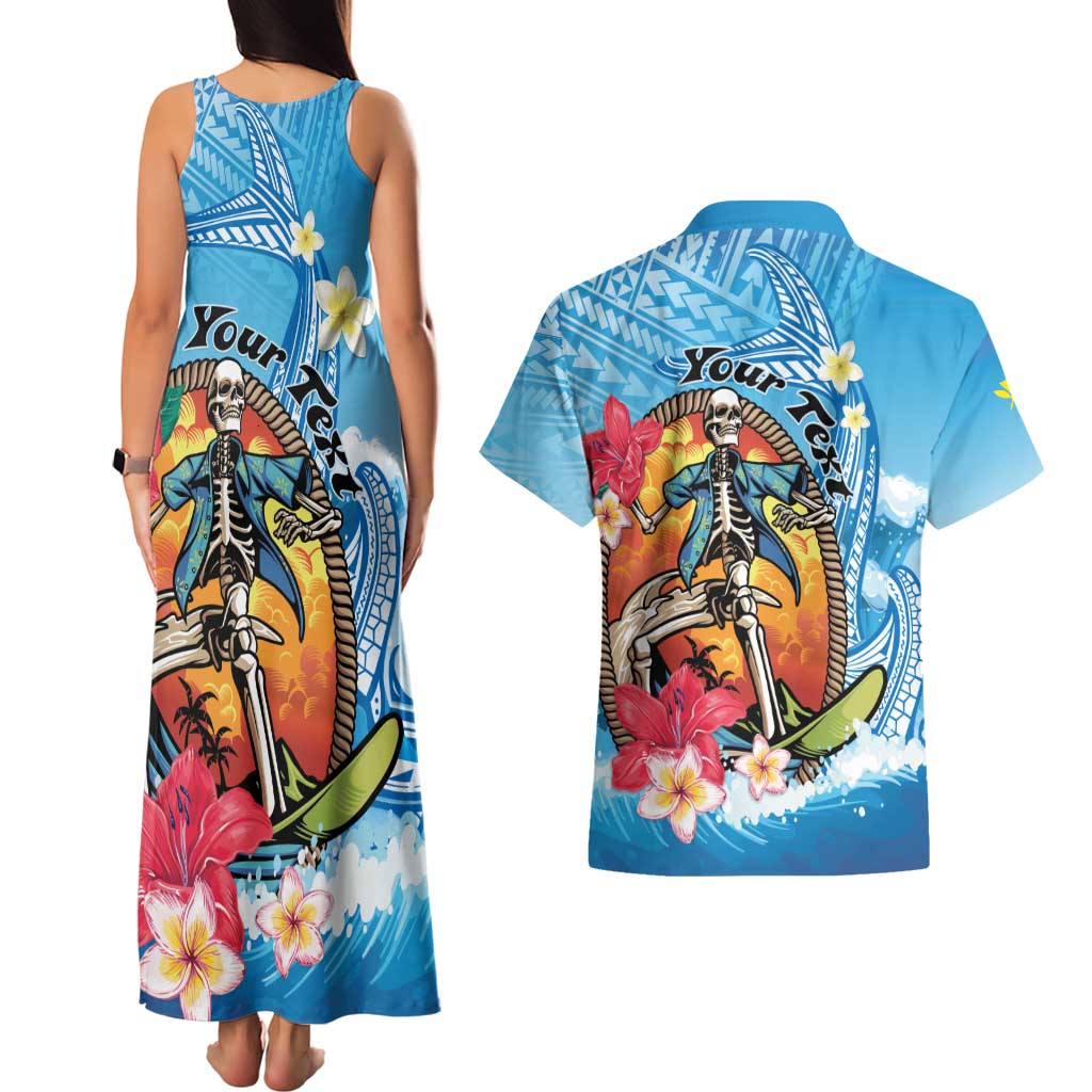 Personalized Aloha Hawaii Skeleton Surfing Couples Matching Tank Maxi Dress and Hawaiian Shirt Tribal Shark Plumeria