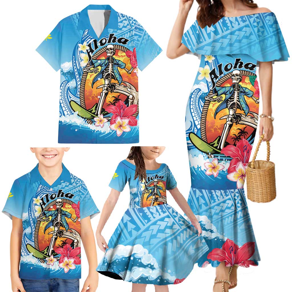 Personalized Aloha Hawaii Skeleton Surfing Family Matching Mermaid Dress and Hawaiian Shirt Tribal Shark Plumeria LT01 - Polynesian Pride