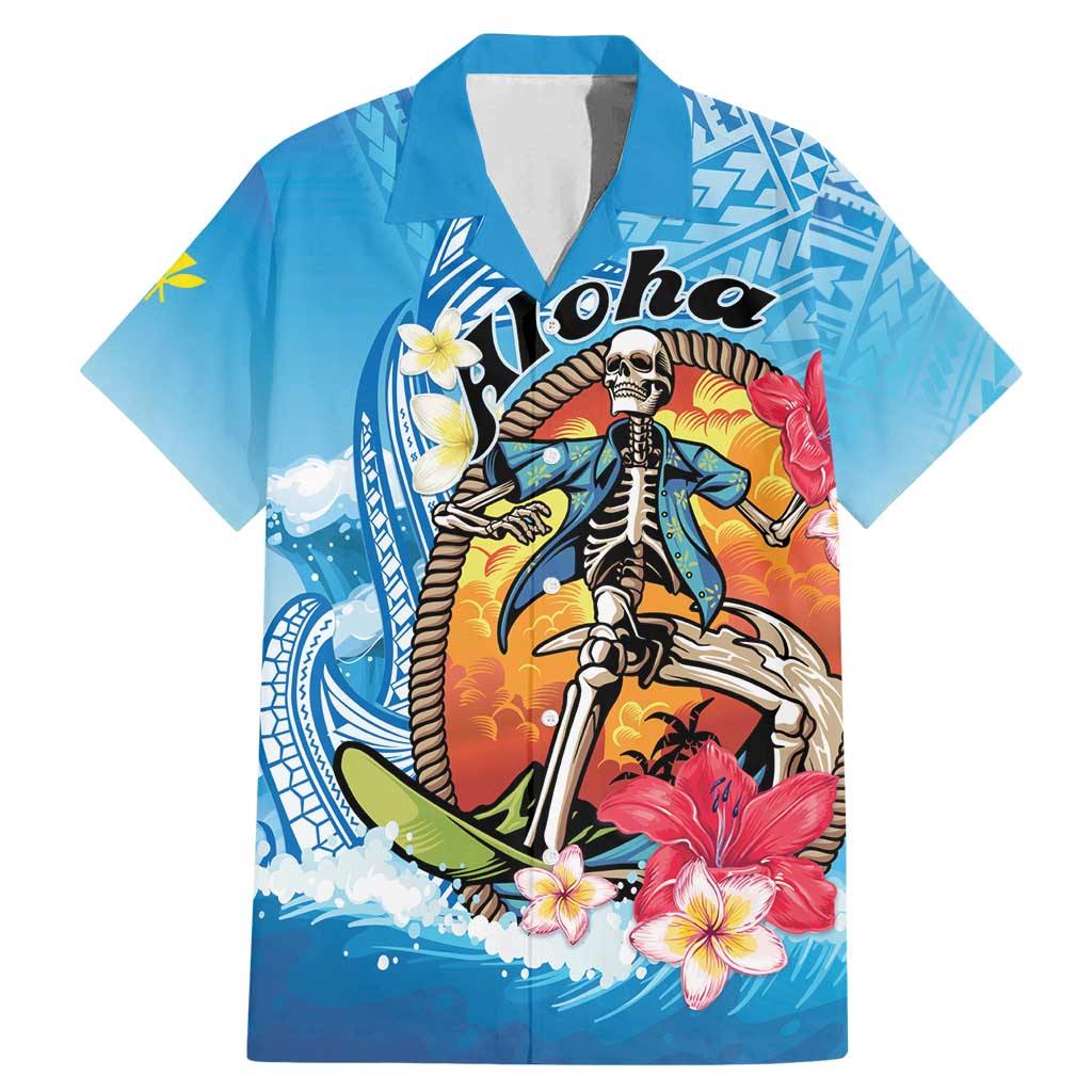Personalized Aloha Hawaii Skeleton Surfing Family Matching Mermaid Dress and Hawaiian Shirt Tribal Shark Plumeria LT01 Dad's Shirt - Short Sleeve Blue - Polynesian Pride