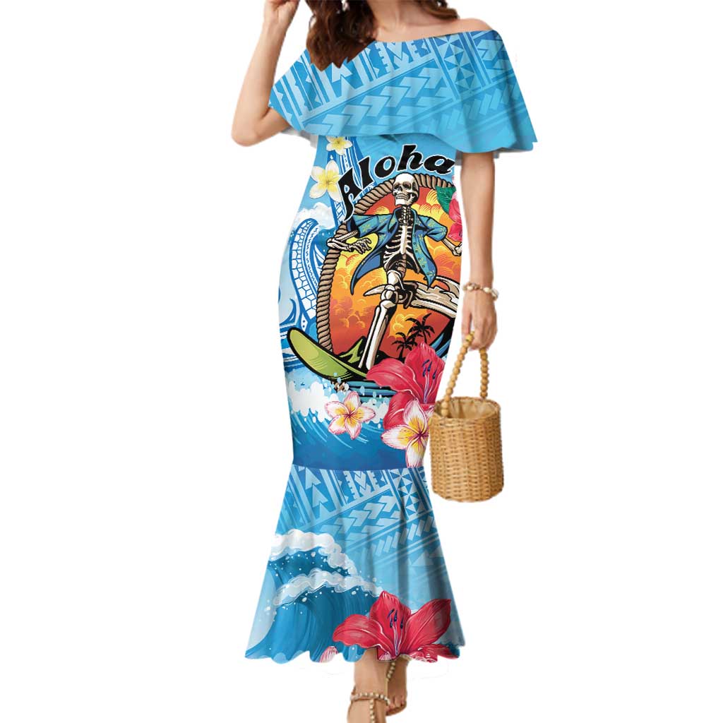 Personalized Aloha Hawaii Skeleton Surfing Family Matching Mermaid Dress and Hawaiian Shirt Tribal Shark Plumeria LT01 Mom's Dress Blue - Polynesian Pride