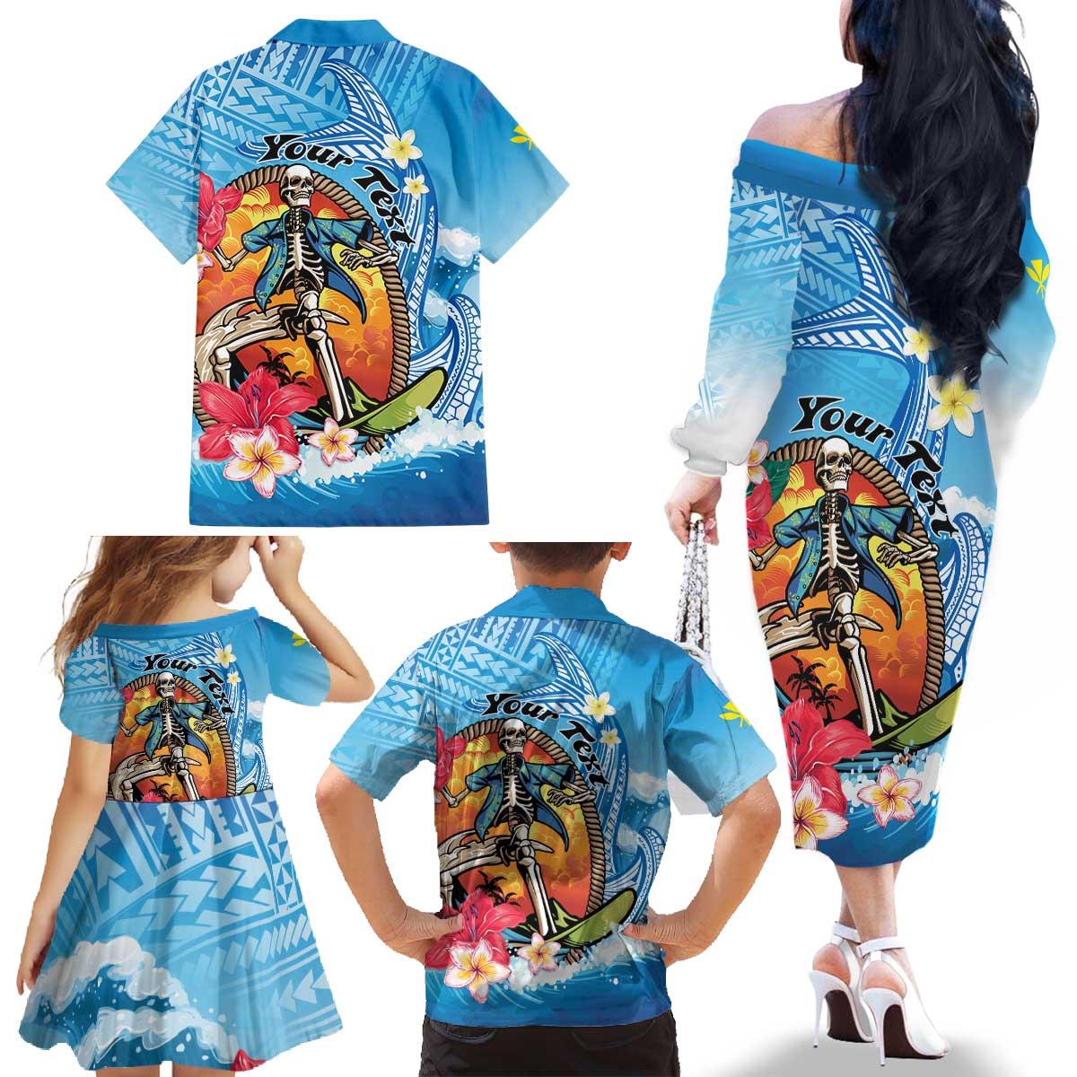 Personalized Aloha Hawaii Skeleton Surfing Family Matching Off The Shoulder Long Sleeve Dress and Hawaiian Shirt Tribal Shark Plumeria LT01 - Polynesian Pride
