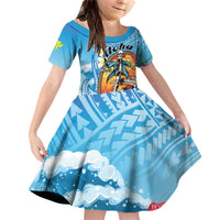 Personalized Aloha Hawaii Skeleton Surfing Family Matching Off Shoulder Short Dress and Hawaiian Shirt Tribal Shark Plumeria LT01 Daughter's Dress Blue - Polynesian Pride