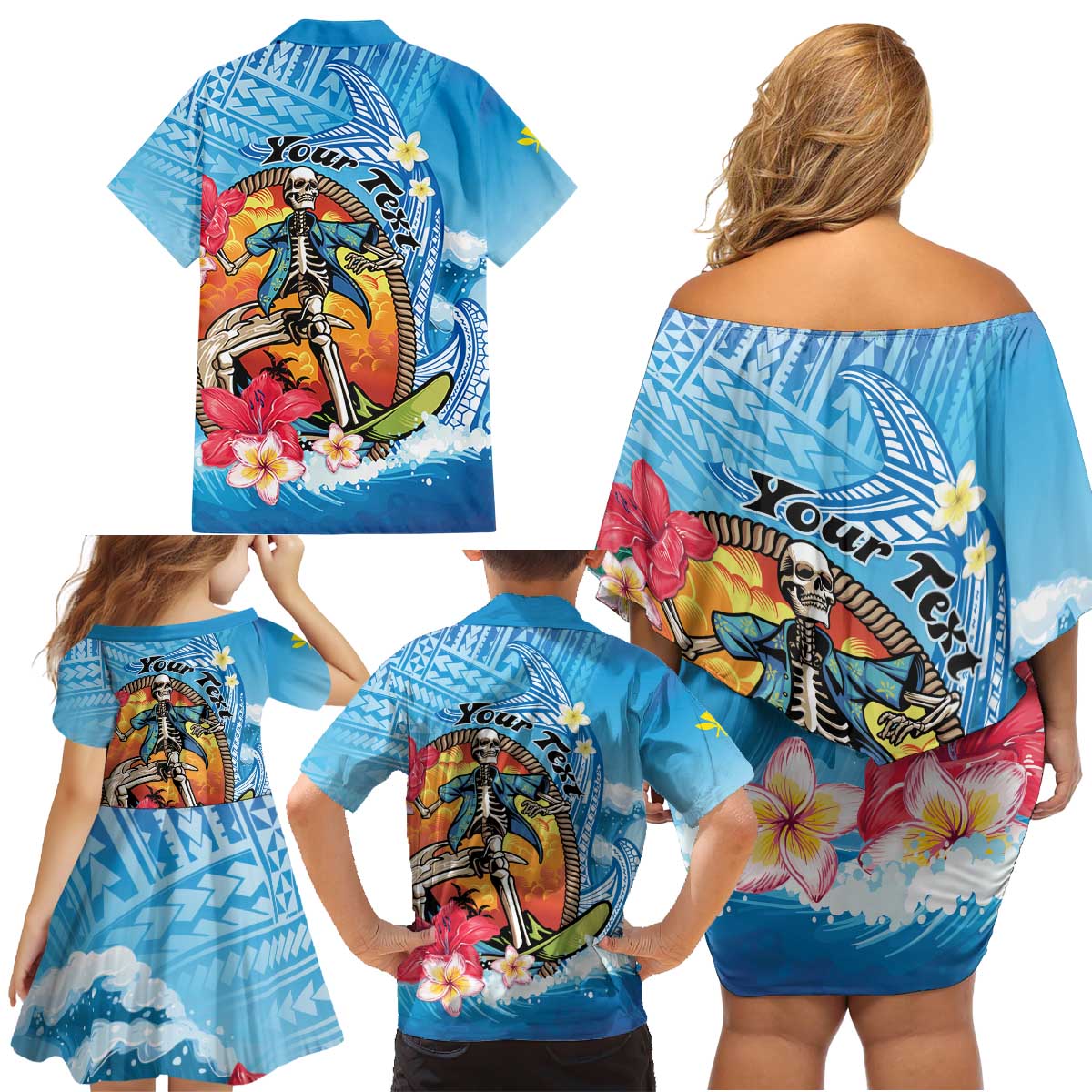 Personalized Aloha Hawaii Skeleton Surfing Family Matching Off Shoulder Short Dress and Hawaiian Shirt Tribal Shark Plumeria LT01 - Polynesian Pride