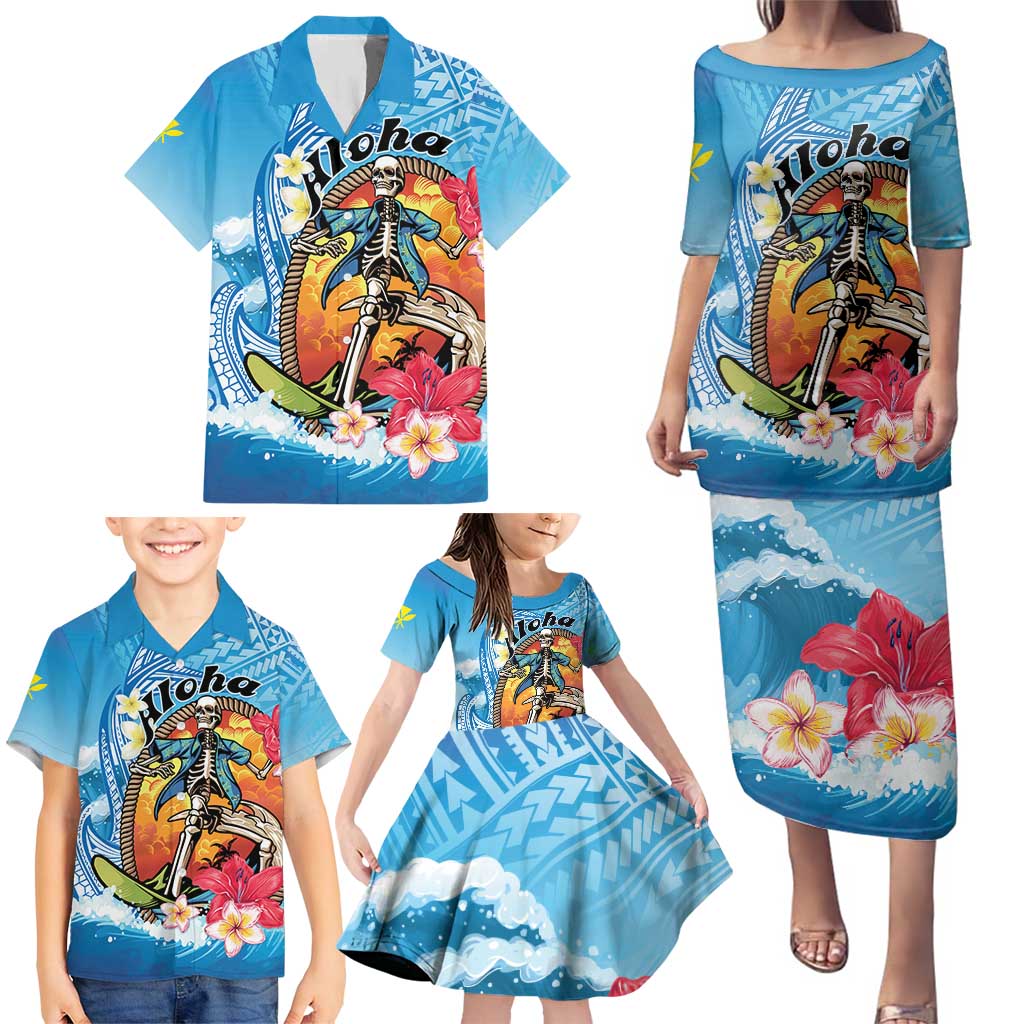 Personalized Aloha Hawaii Skeleton Surfing Family Matching Puletasi and Hawaiian Shirt Tribal Shark Plumeria LT01 - Polynesian Pride