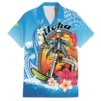 Personalized Aloha Hawaii Skeleton Surfing Family Matching Puletasi and Hawaiian Shirt Tribal Shark Plumeria LT01 Dad's Shirt - Short Sleeve Blue - Polynesian Pride