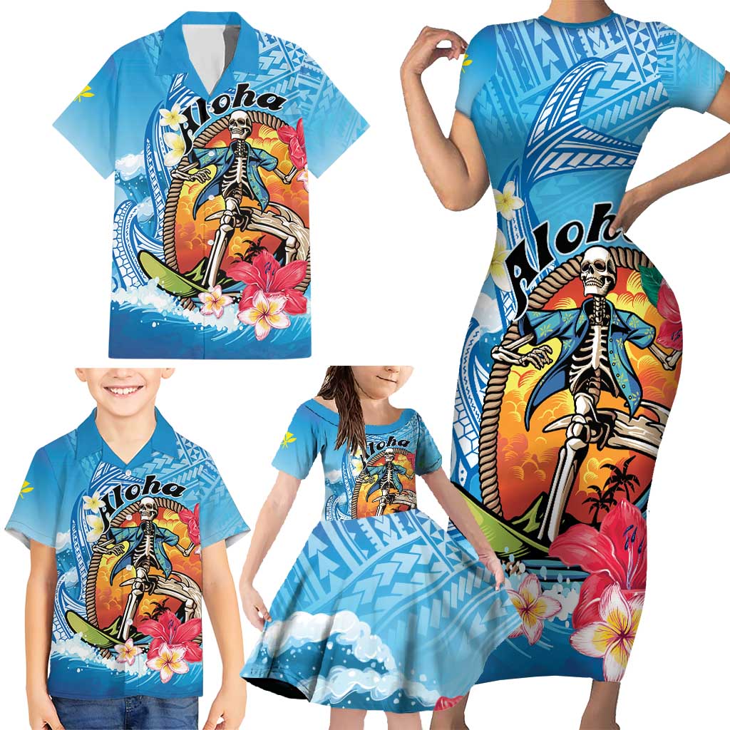 Personalized Aloha Hawaii Skeleton Surfing Family Matching Short Sleeve Bodycon Dress and Hawaiian Shirt Tribal Shark Plumeria LT01 - Polynesian Pride