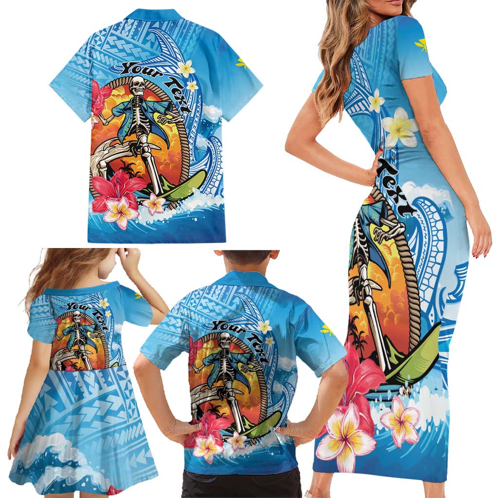 Personalized Aloha Hawaii Skeleton Surfing Family Matching Short Sleeve Bodycon Dress and Hawaiian Shirt Tribal Shark Plumeria LT01 - Polynesian Pride