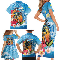 Personalized Aloha Hawaii Skeleton Surfing Family Matching Short Sleeve Bodycon Dress and Hawaiian Shirt Tribal Shark Plumeria LT01 - Polynesian Pride