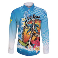 Personalized Aloha Hawaii Skeleton Surfing Family Matching Short Sleeve Bodycon Dress and Hawaiian Shirt Tribal Shark Plumeria LT01 Dad's Shirt - Long Sleeve Blue - Polynesian Pride