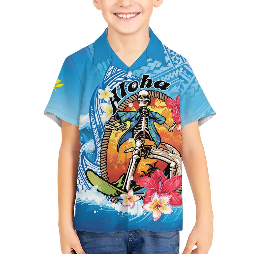 Personalized Aloha Hawaii Skeleton Surfing Family Matching Short Sleeve Bodycon Dress and Hawaiian Shirt Tribal Shark Plumeria LT01 Son's Shirt Blue - Polynesian Pride