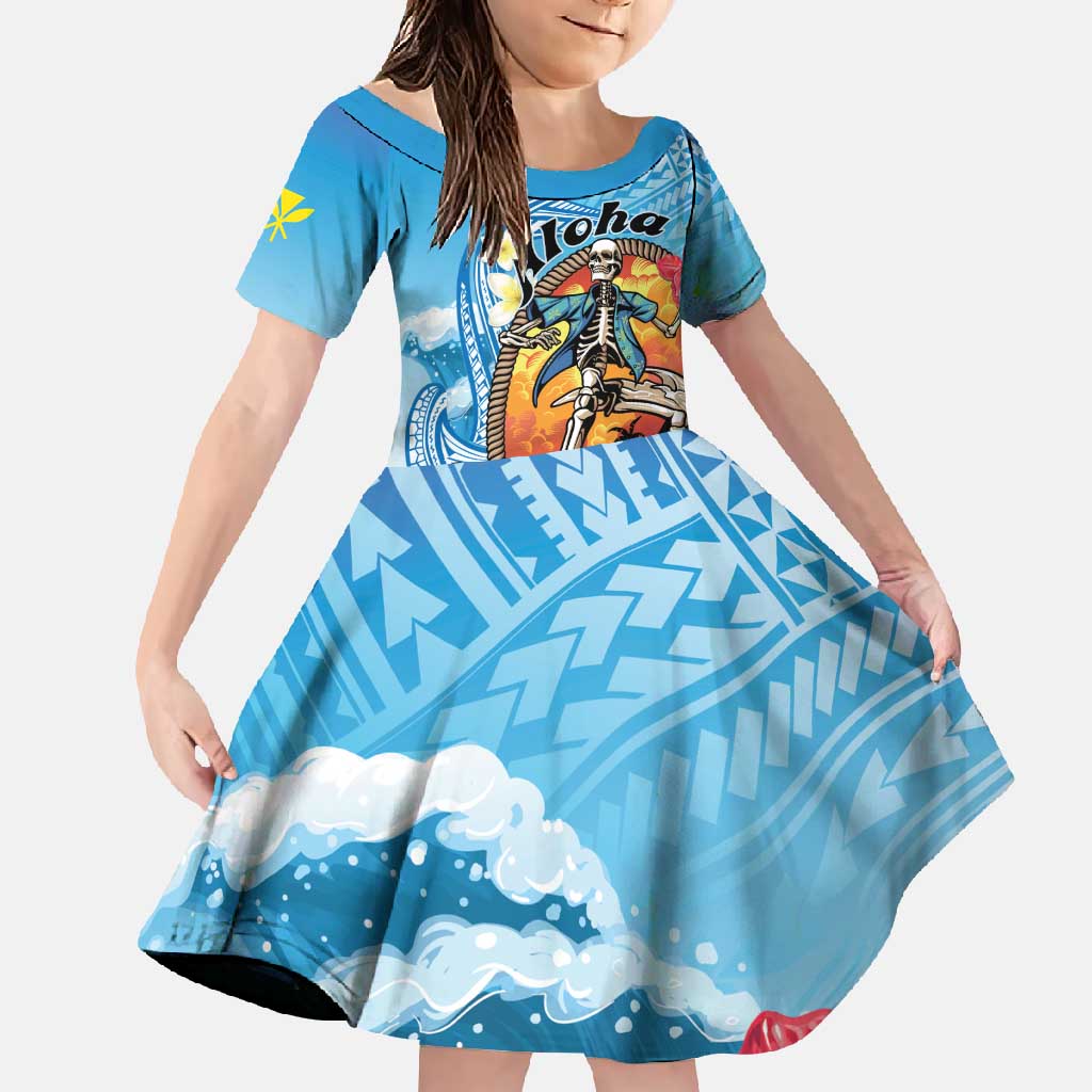 Personalized Aloha Hawaii Skeleton Surfing Family Matching Summer Maxi Dress and Hawaiian Shirt Tribal Shark Plumeria LT01 Daughter's Dress Blue - Polynesian Pride