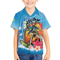 Personalized Aloha Hawaii Skeleton Surfing Family Matching Summer Maxi Dress and Hawaiian Shirt Tribal Shark Plumeria LT01 Son's Shirt Blue - Polynesian Pride
