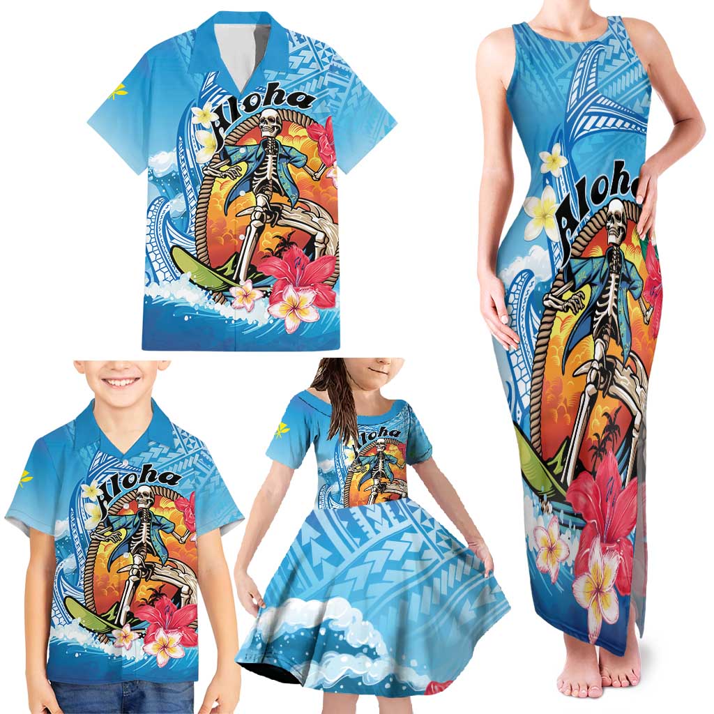 Personalized Aloha Hawaii Skeleton Surfing Family Matching Tank Maxi Dress and Hawaiian Shirt Tribal Shark Plumeria LT01 - Polynesian Pride