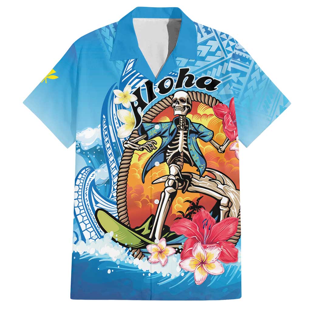 Personalized Aloha Hawaii Skeleton Surfing Family Matching Tank Maxi Dress and Hawaiian Shirt Tribal Shark Plumeria LT01 Dad's Shirt - Short Sleeve Blue - Polynesian Pride