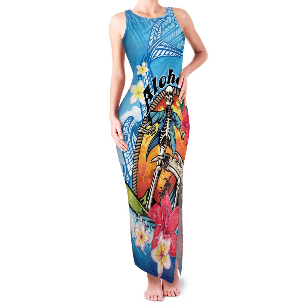 Personalized Aloha Hawaii Skeleton Surfing Family Matching Tank Maxi Dress and Hawaiian Shirt Tribal Shark Plumeria LT01 Mom's Dress Blue - Polynesian Pride