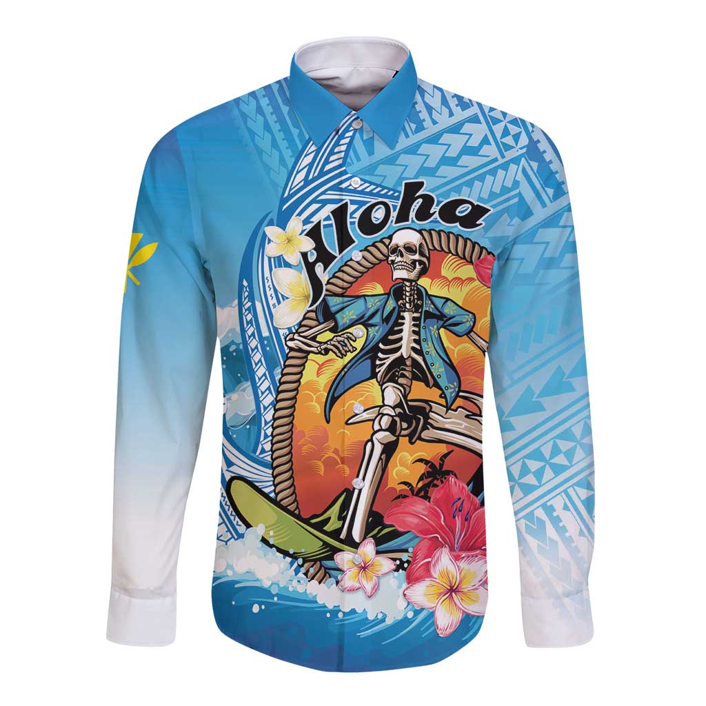 Personalized Aloha Hawaii Skeleton Surfing Long Sleeve Button Shirt Tribal Shark Plumeria LT01 Unisex Blue - Polynesian Pride