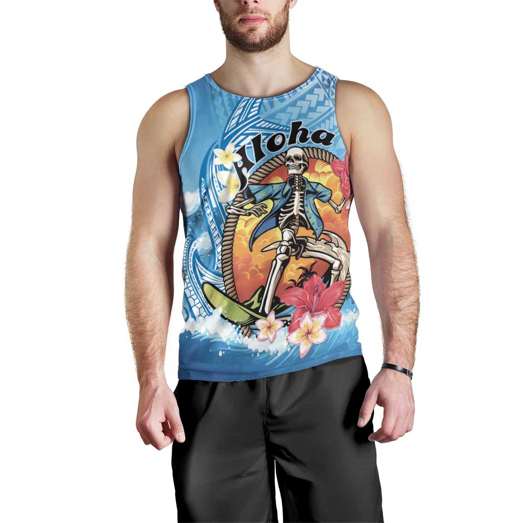 Personalized Aloha Hawaii Skeleton Surfing Men Tank Top Tribal Shark Plumeria