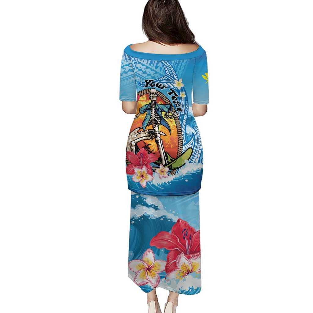 Personalized Aloha Hawaii Skeleton Surfing Puletasi Tribal Shark Plumeria