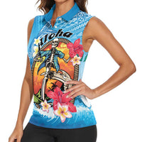 Personalized Aloha Hawaii Skeleton Surfing Women Sleeveless Polo Shirt Tribal Shark Plumeria