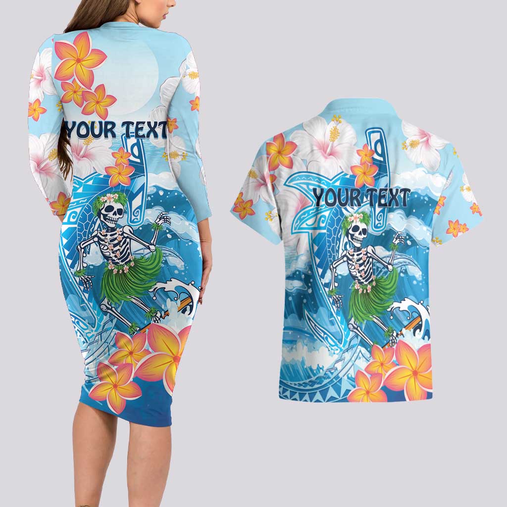 Personalized Hawaii Hula Girl Skeleton Dancing Couples Matching Long Sleeve Bodycon Dress and Hawaiian Shirt Hibiscus Tribal Shark LT01 - Polynesian Pride
