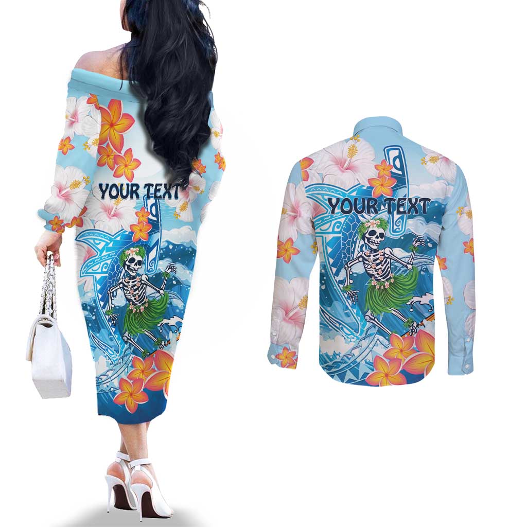 Personalized Hawaii Hula Girl Skeleton Dancing Couples Matching Off The Shoulder Long Sleeve Dress and Long Sleeve Button Shirt Hibiscus Tribal Shark