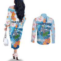 Personalized Hawaii Hula Girl Skeleton Dancing Couples Matching Off The Shoulder Long Sleeve Dress and Long Sleeve Button Shirt Hibiscus Tribal Shark