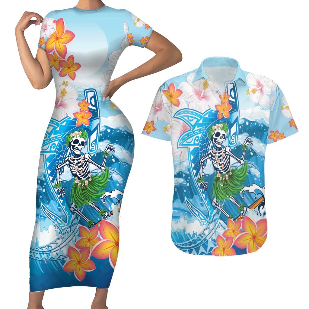 Personalized Hawaii Hula Girl Skeleton Dancing Couples Matching Short Sleeve Bodycon Dress and Hawaiian Shirt Hibiscus Tribal Shark LT01 Blue - Polynesian Pride