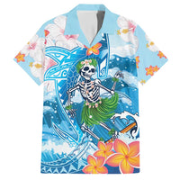 Personalized Hawaii Hula Girl Skeleton Dancing Family Matching Long Sleeve Bodycon Dress and Hawaiian Shirt Hibiscus Tribal Shark LT01 Dad's Shirt - Short Sleeve Blue - Polynesian Pride