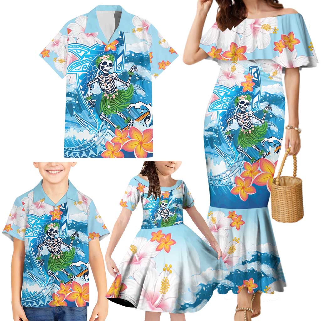 Personalized Hawaii Hula Girl Skeleton Dancing Family Matching Mermaid Dress and Hawaiian Shirt Hibiscus Tribal Shark LT01 - Polynesian Pride