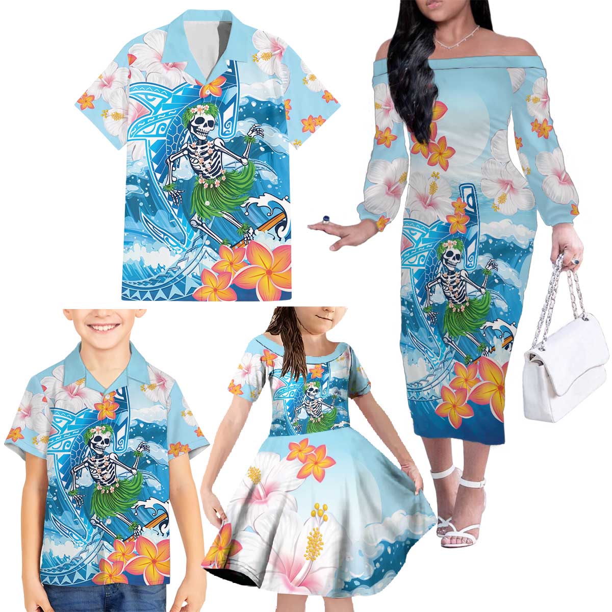 Personalized Hawaii Hula Girl Skeleton Dancing Family Matching Off The Shoulder Long Sleeve Dress and Hawaiian Shirt Hibiscus Tribal Shark LT01 - Polynesian Pride