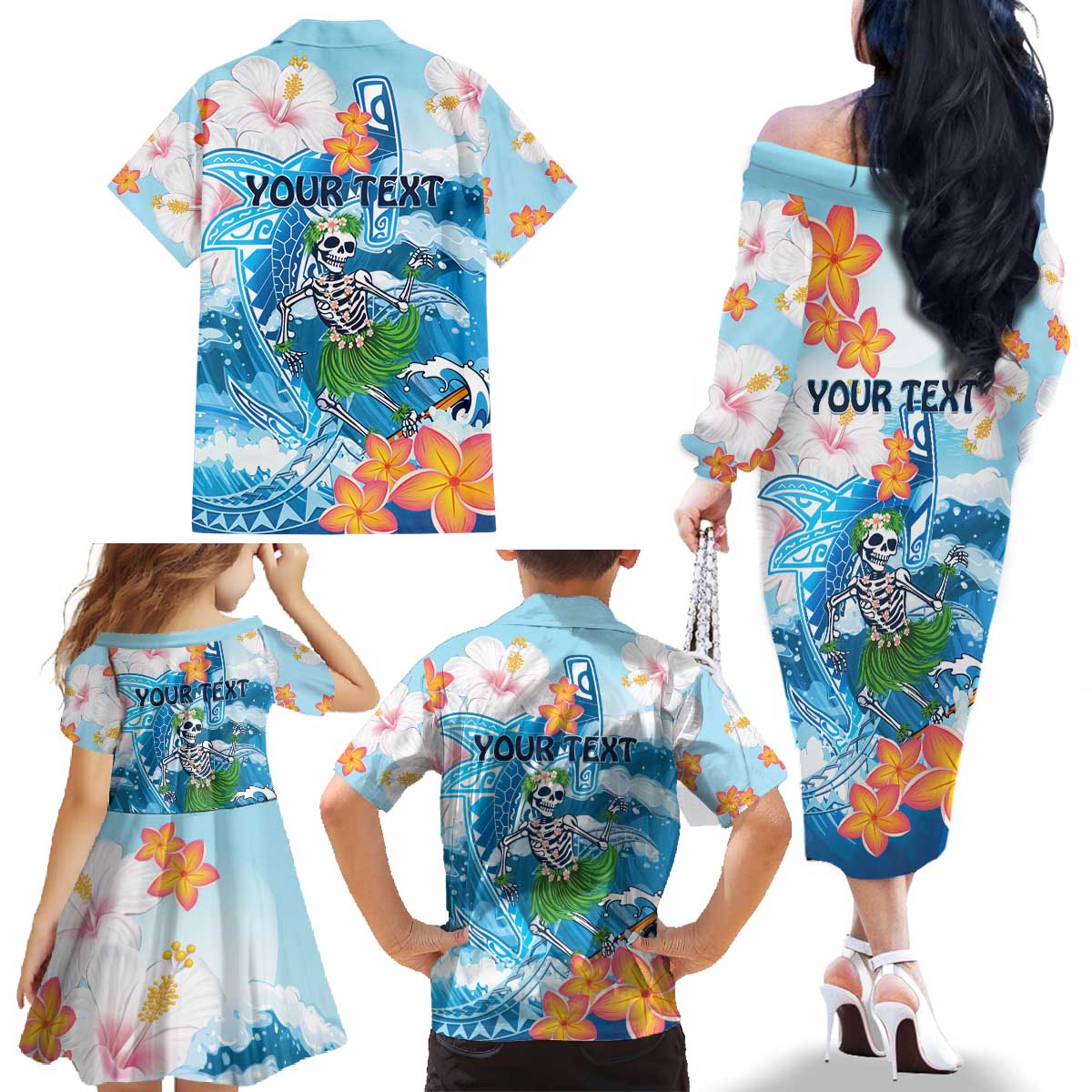 Personalized Hawaii Hula Girl Skeleton Dancing Family Matching Off The Shoulder Long Sleeve Dress and Hawaiian Shirt Hibiscus Tribal Shark LT01 - Polynesian Pride