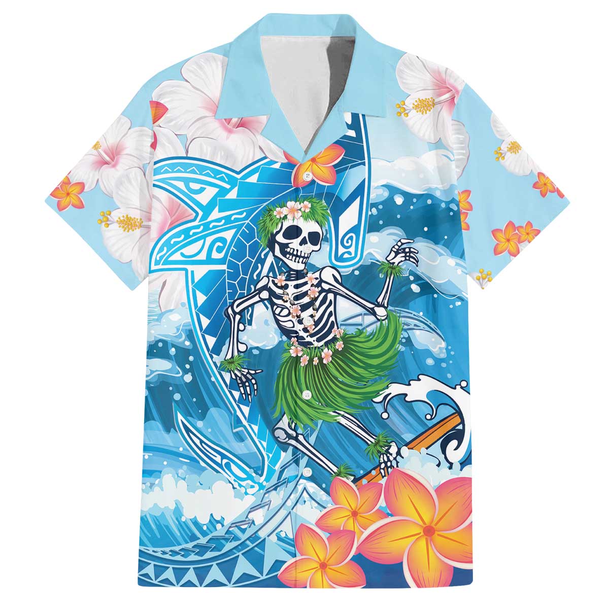 Personalized Hawaii Hula Girl Skeleton Dancing Family Matching Off The Shoulder Long Sleeve Dress and Hawaiian Shirt Hibiscus Tribal Shark LT01 Dad's Shirt - Short Sleeve Blue - Polynesian Pride