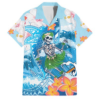 Personalized Hawaii Hula Girl Skeleton Dancing Family Matching Off Shoulder Maxi Dress and Hawaiian Shirt Hibiscus Tribal Shark LT01 Dad's Shirt - Short Sleeve Blue - Polynesian Pride