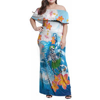 Personalized Hawaii Hula Girl Skeleton Dancing Family Matching Off Shoulder Maxi Dress and Hawaiian Shirt Hibiscus Tribal Shark LT01 Mom's Dress Blue - Polynesian Pride