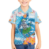 Personalized Hawaii Hula Girl Skeleton Dancing Family Matching Off Shoulder Maxi Dress and Hawaiian Shirt Hibiscus Tribal Shark LT01 Son's Shirt Blue - Polynesian Pride