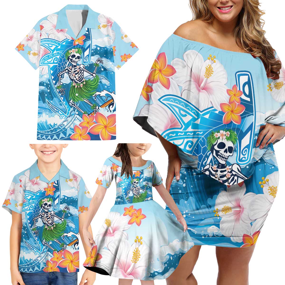 Personalized Hawaii Hula Girl Skeleton Dancing Family Matching Off Shoulder Short Dress and Hawaiian Shirt Hibiscus Tribal Shark LT01 - Polynesian Pride