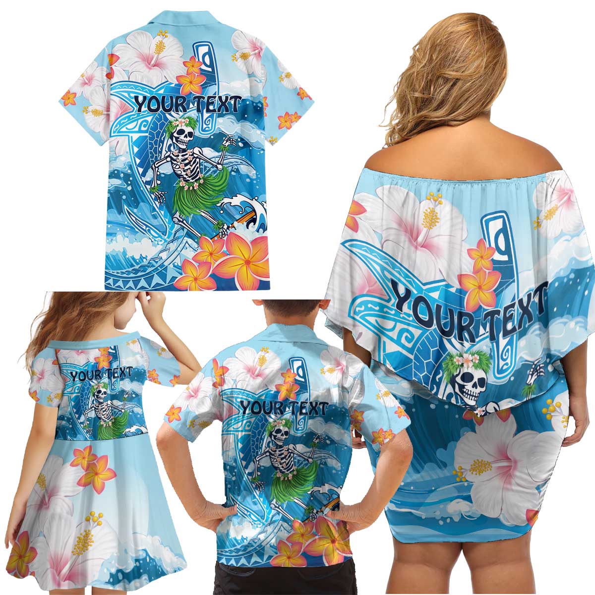 Personalized Hawaii Hula Girl Skeleton Dancing Family Matching Off Shoulder Short Dress and Hawaiian Shirt Hibiscus Tribal Shark LT01 - Polynesian Pride
