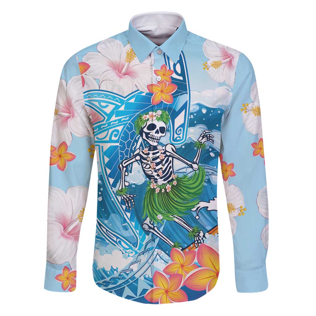 Personalized Hawaii Hula Girl Skeleton Dancing Family Matching Puletasi and Hawaiian Shirt Hibiscus Tribal Shark LT01 Dad's Shirt - Long Sleeve Blue - Polynesian Pride