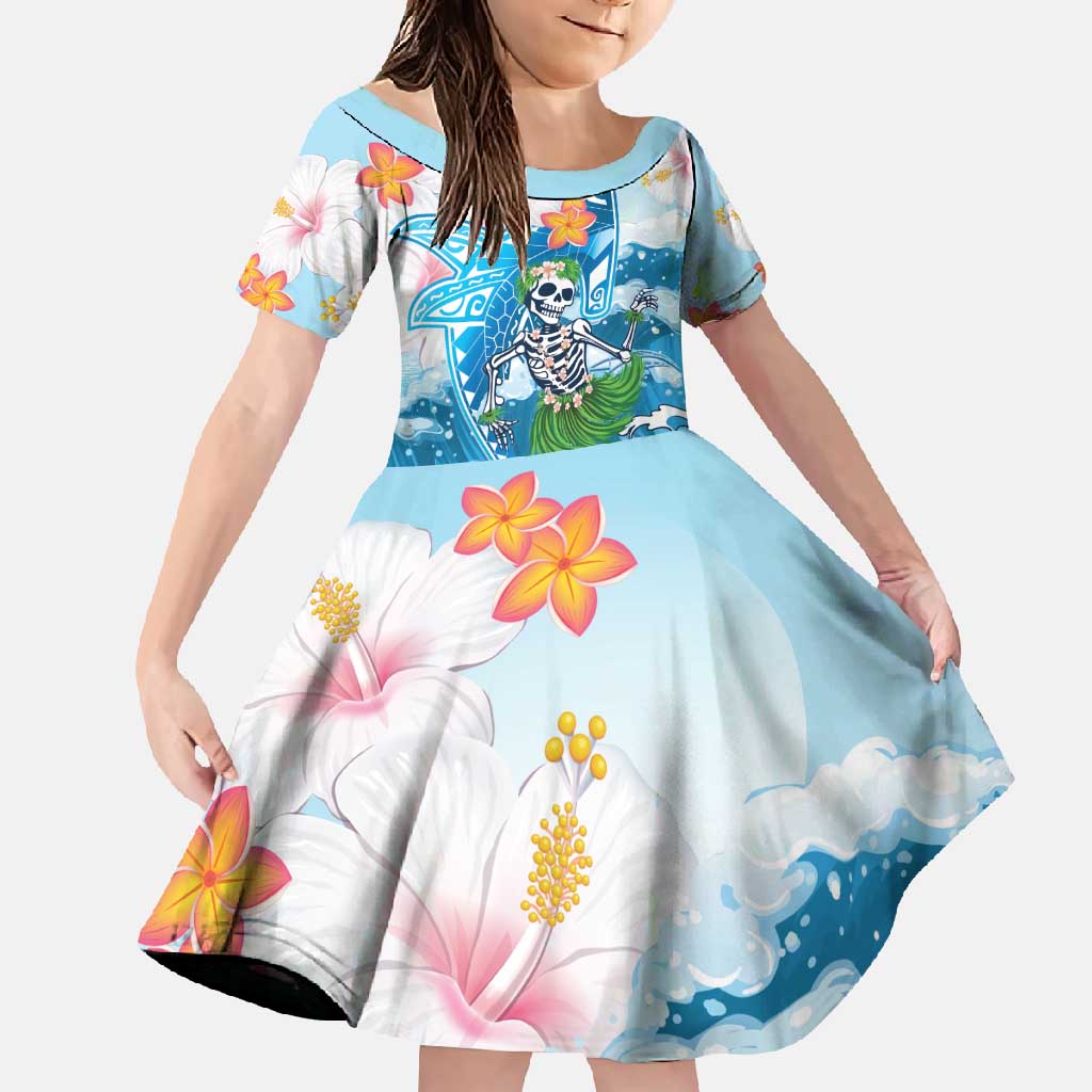 Personalized Hawaii Hula Girl Skeleton Dancing Family Matching Short Sleeve Bodycon Dress and Hawaiian Shirt Hibiscus Tribal Shark LT01 Daughter's Dress Blue - Polynesian Pride